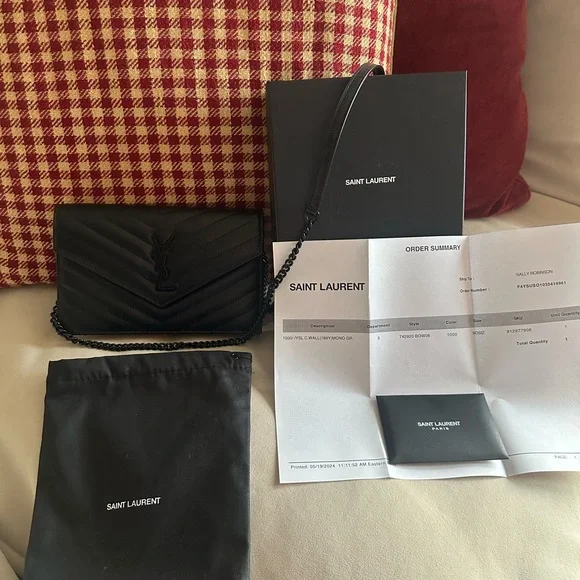 Yves Saint Laurent Black Cassandre Envelope Chain Wallet - Picture 2 of 6